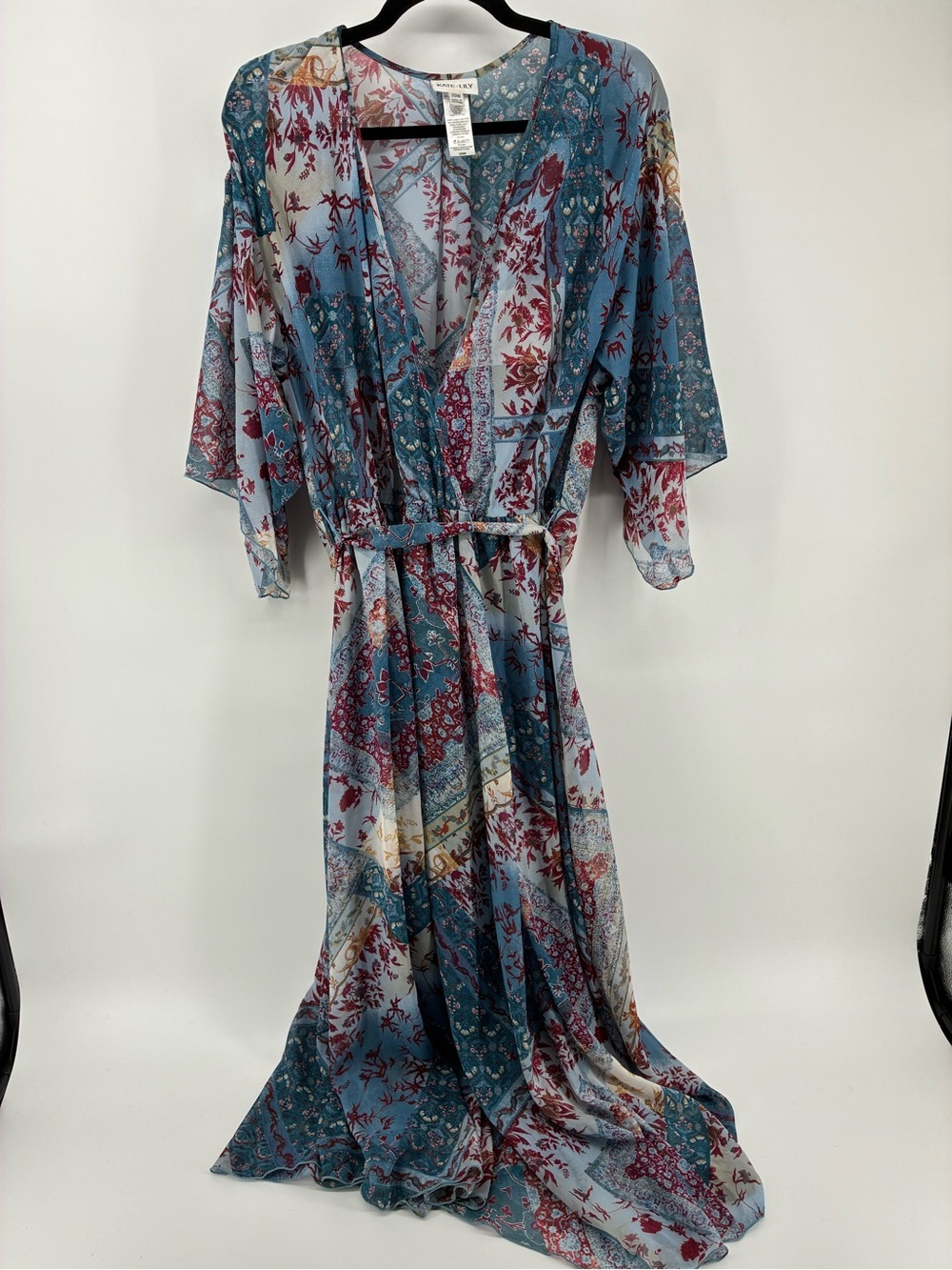 Boho Blue Floral Patchwork Maxi Dress with Tie Waist - Picture 11 of 13